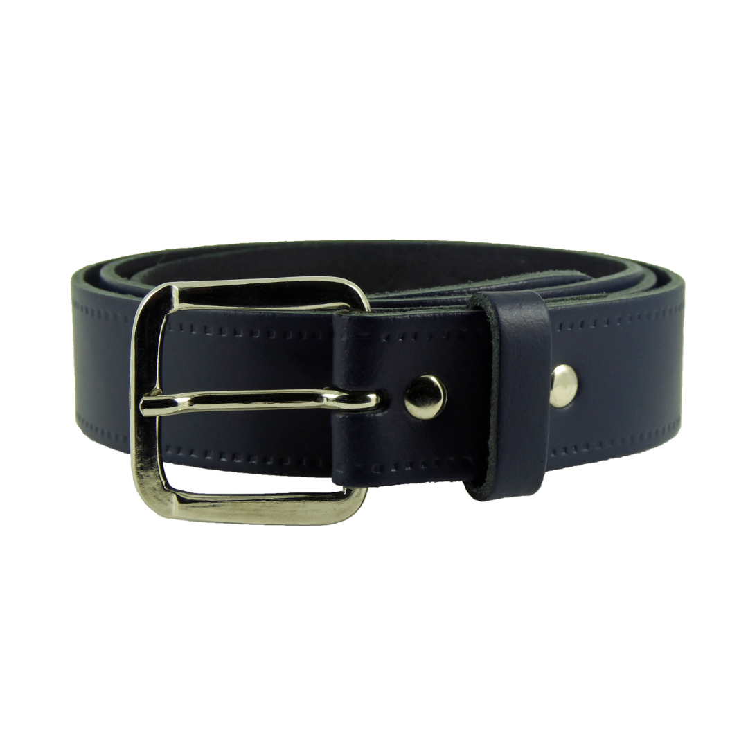 Detail view of Hide and Sleek navy leather belt showing riveted return and chrome buckle - real leather handmade in UK