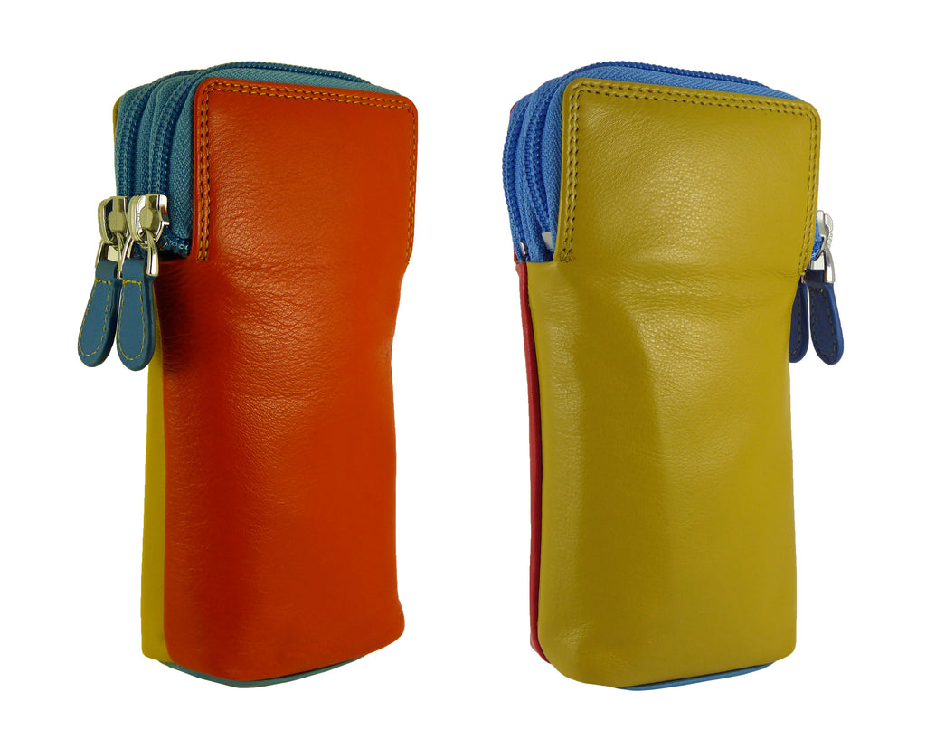 Double Sided Glasses Spectacle Case Multi Coloured Real Leather — Orange/Yellow