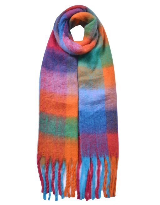 Large Thick Fluffy Blanket Scarf Shawl Chunky Oversized Checked Winter — Pink/Orange/Blue