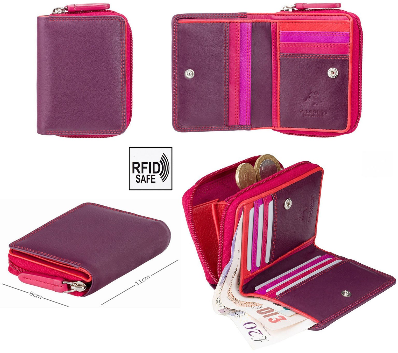 Womens Small Compact Purse Multi Coloured - Real Leather - RFID