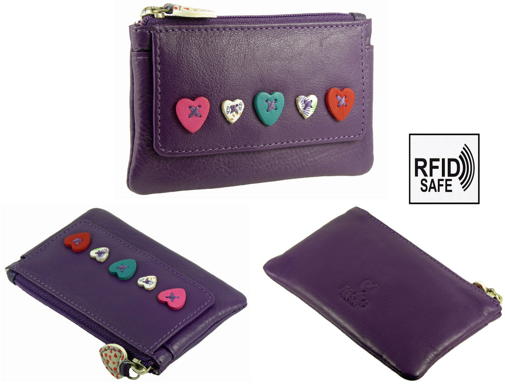 Heart Design Small Coin Key Card Purse Wallet Real Leather — detail view