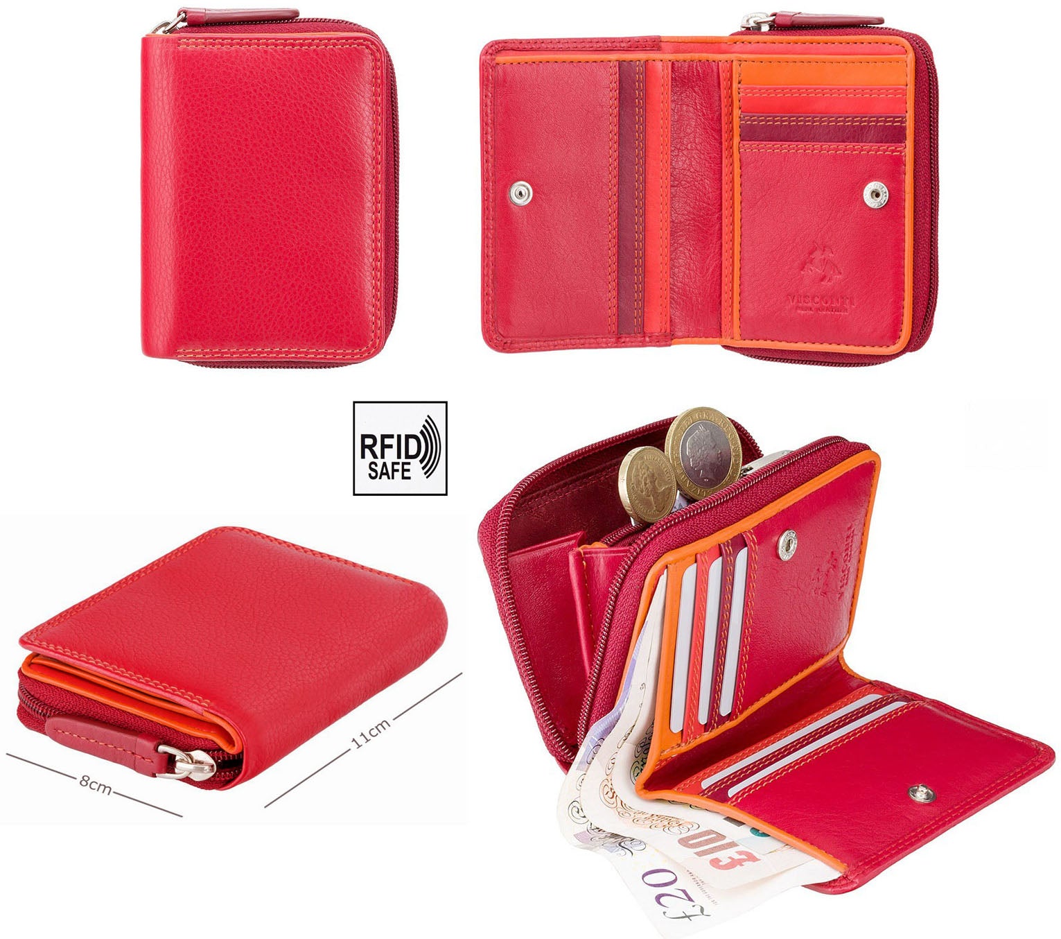 Womens Small Compact Purse Multi Coloured - Real Leather - RFID