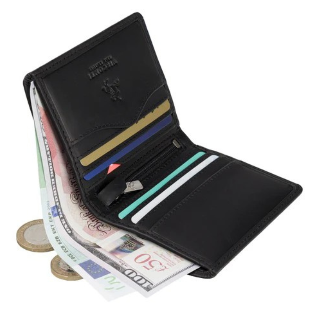Black Visconti 705 Hunter Oiled Leather Slim Wallet - 6 Card Slots & RFID Blocking open displaying cash, cards and coins inside the open wallet