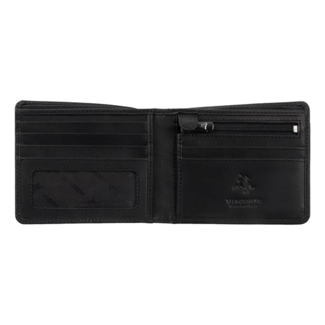 Black Visconti Hunter Leather Slim Wallet - 5 Card Slots, RFID Blocking showing an open wallet with card slots visible