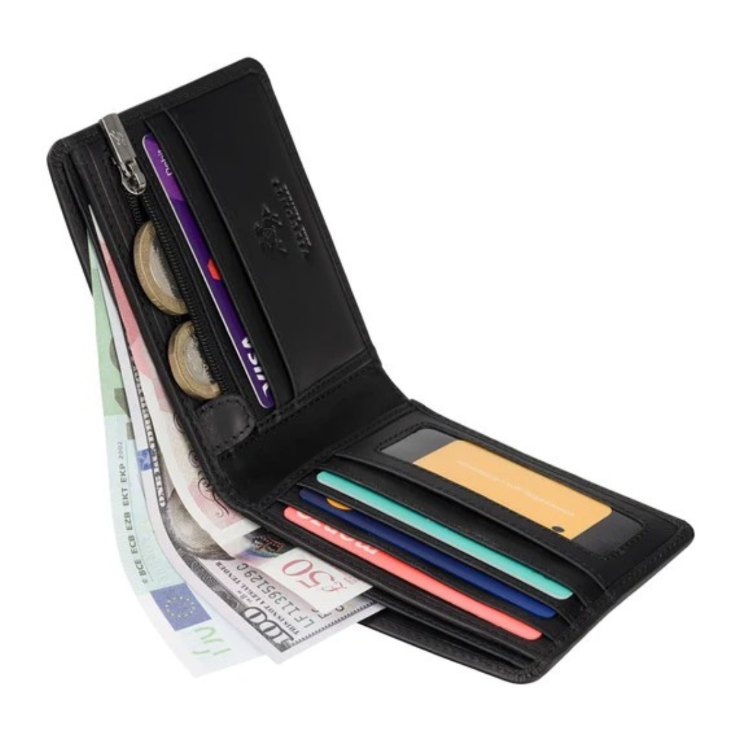 Black Visconti Hunter Leather Slim Wallet - 5 Card Slots, RFID Blocking lying open on its side showing bank cards and banknotes displayed in the wallet on a white background