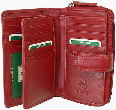 Visconti HT33 large real leather purse in Fuschia - closed front view with branded zip handles