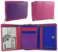 Ladies Small Compact Real Leather RFID Protected Purse Multi Coloured