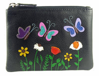 Butterflies Flowers Applique Small Leather RFID Coin, Key Card Purse