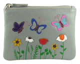 Butterflies Flowers Applique Small Leather RFID Coin, Key Card Purse