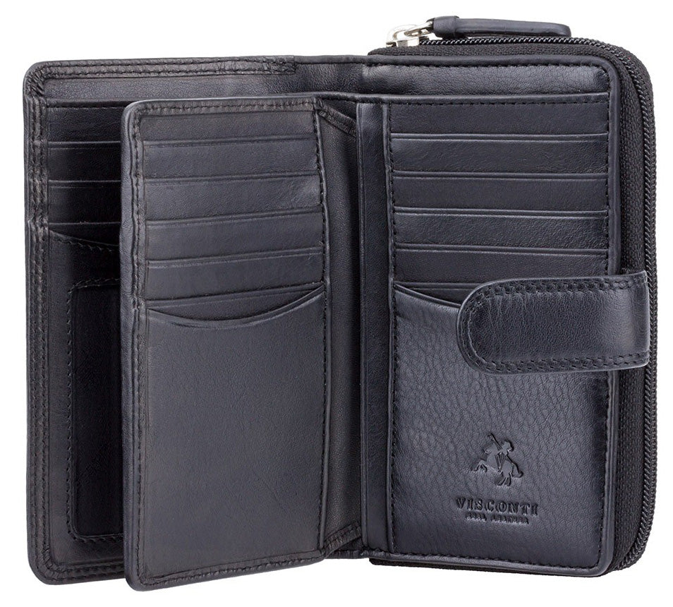 Visconti HT33 real leather purse - side view showing 3.5cm depth and zip-around coin section