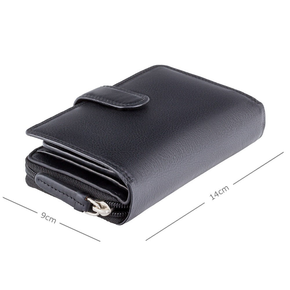 Visconti HT33 large real leather purse in Black - closed front view with fine double stitching detail
