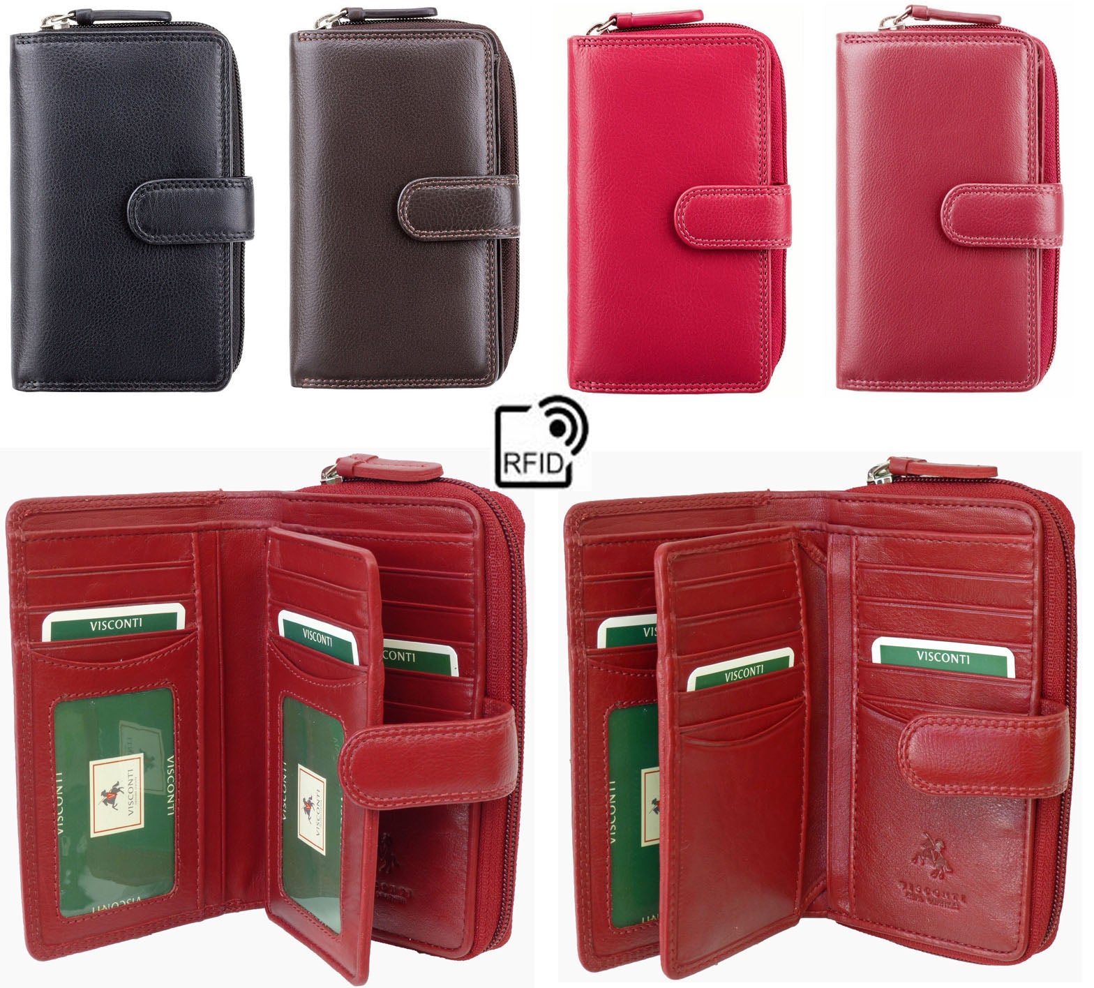 Visconti HT33 real leather purse interior showing 2 ID windows and 6 internal slip pockets