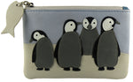 Penguin Family Applique Real Leather Mala RFID Coin Key Card Purse Blue/Beige