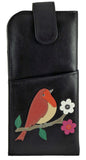 Robin Applique Real Leather Glasses Spectacles Case Magnetic Closure Black