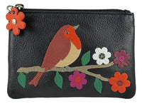 Robin Applique Real Leather Mala RFID Blocking Coin Key Card Purse Black