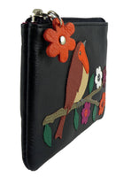 Robin Applique Real Leather Mala RFID Blocking Coin Key Card Purse Black