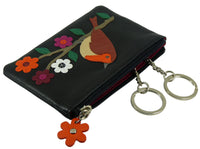 Robin Applique Real Leather Mala RFID Blocking Coin Key Card Purse Black