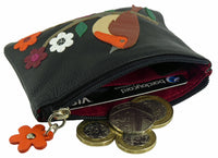 Robin Applique Real Leather Mala RFID Blocking Coin Key Card Purse Black