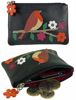 Robin Applique Real Leather Mala RFID Blocking Coin Key Card Purse Black