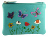 Butterflies Flowers Applique Small Leather RFID Coin, Key Card Purse